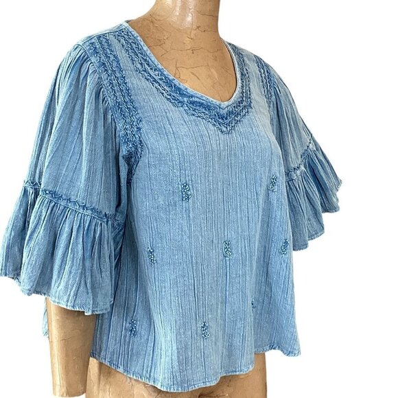 Rachel Zoe BOHO Cropped Relaxed Top Gauze Embroidered Sz S Blue #306F - Picture 3 of 7